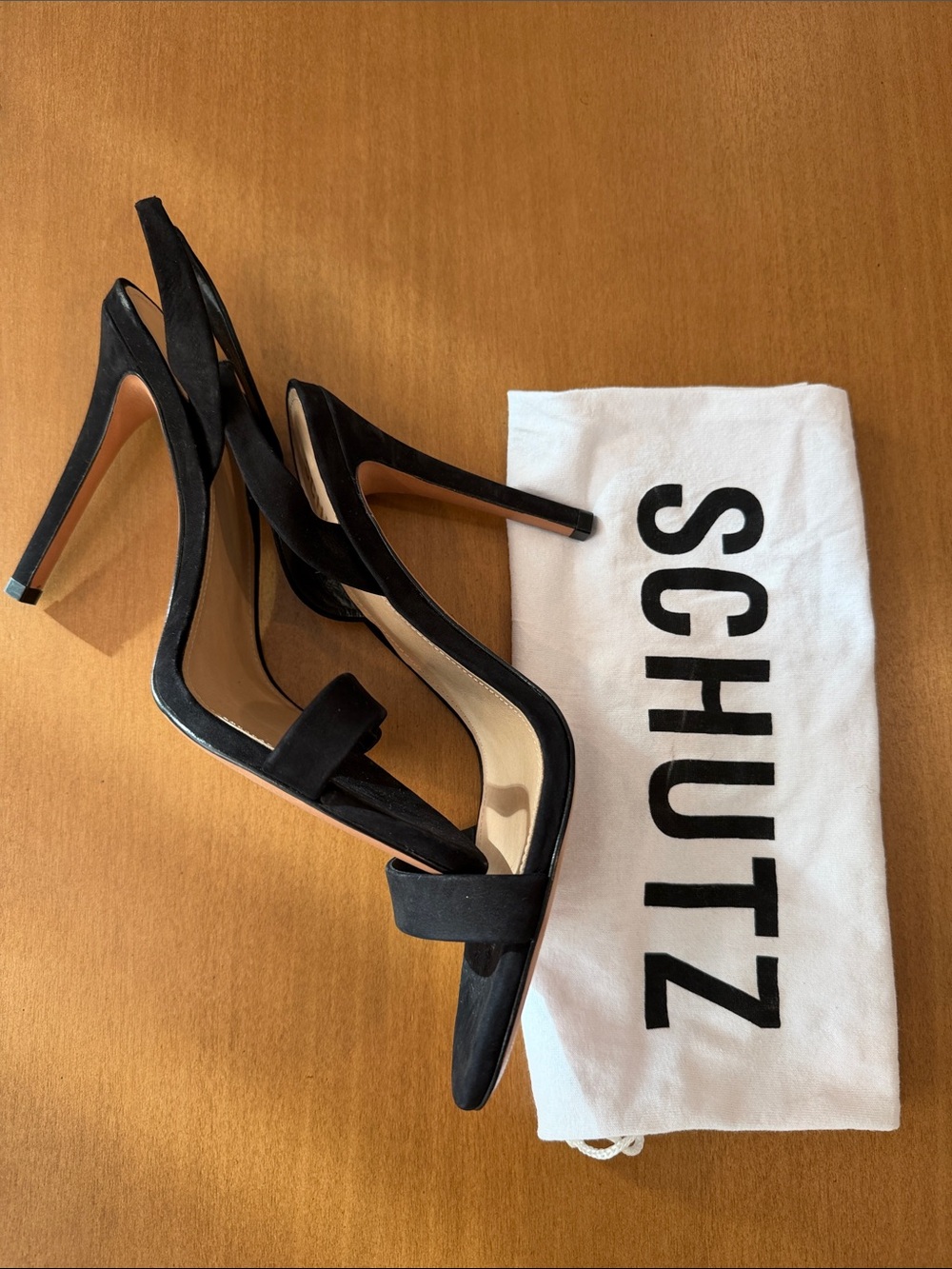 SCHUTZ Black Suede Open-Toe Slingback Heels - Picture 8 of 14